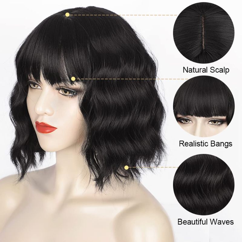 Photo 2 of AISI HAIR Short Black Bob Wavy Wigs With Bangs for Women Synthetic Wig for Daily
