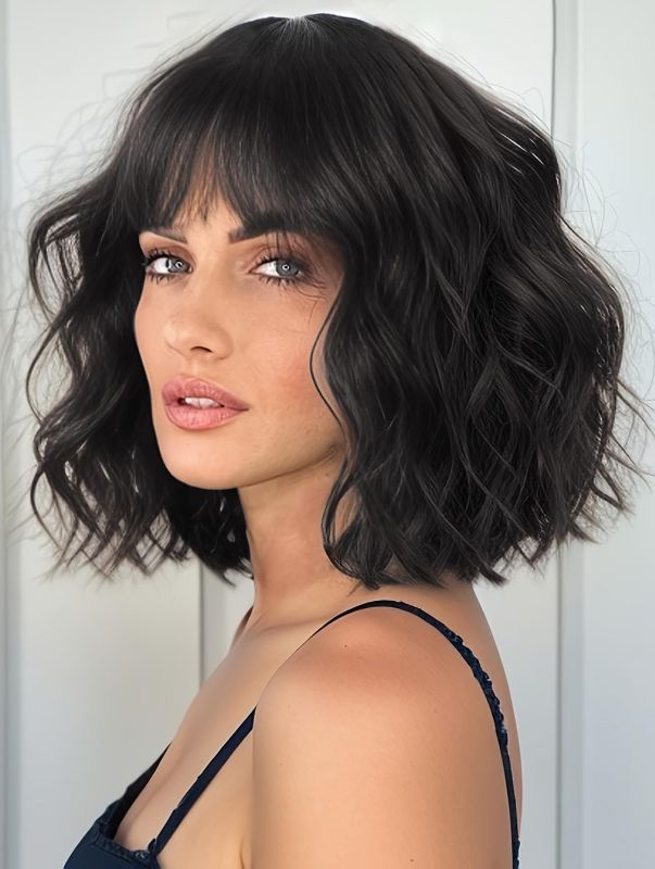 Photo 1 of AISI HAIR Short Black Bob Wavy Wigs With Bangs for Women Synthetic Wig for Daily
