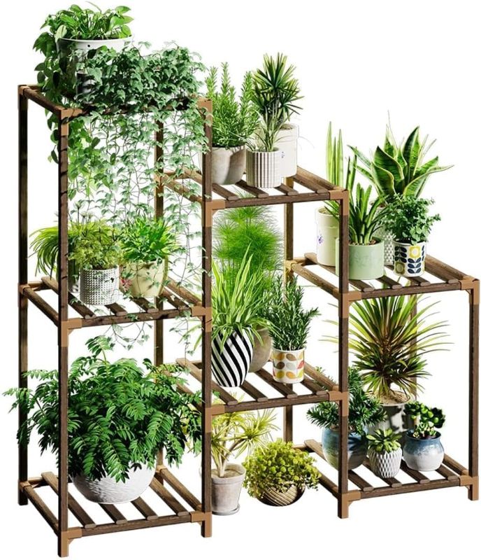 Photo 1 of Bamworld Plant Stand Indoor Plant Shelf Outdoor Wood Tiered Plant Rack for Multiple Plants 3 Tiers Ladder Plant Holder for 7 Plant Pots Boho Home Decor for Gardening Gifts

