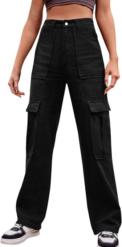 Photo 2 of Women Casual High Waisted Cargo Pants Wide Leg Casual Denim Trousers Multi Pocket Pant Suits for Women Casual (Black, S)
