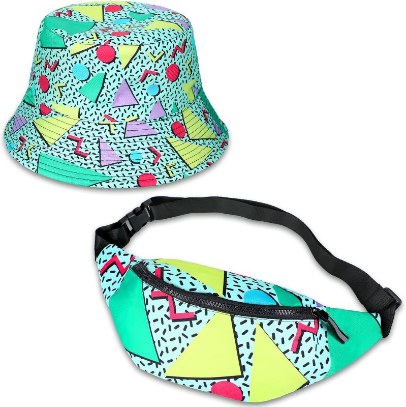 Photo 1 of 2 Pcs 80s 90s Fanny Pack Bucket Hats Set for Men Women Neon Waist Packs Hat for Sports Party
