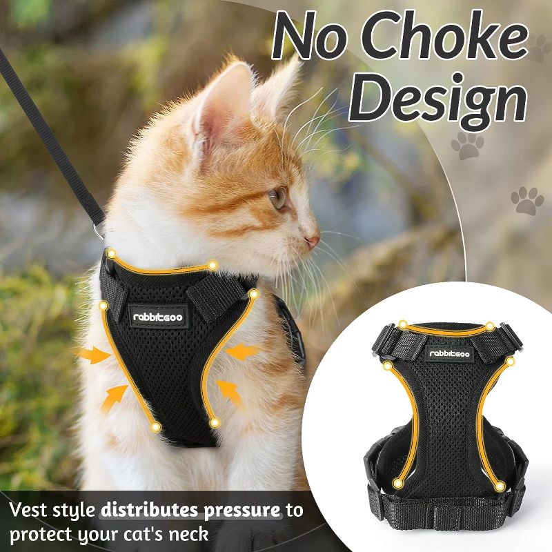 Photo 2 of rabbitgoo Cat Harness and Leash for Walking, Escape Proof Soft Adjustable Vest Harnesses for Cats, Easy Control Breathable Reflective Strips Jacket, Black, XS

