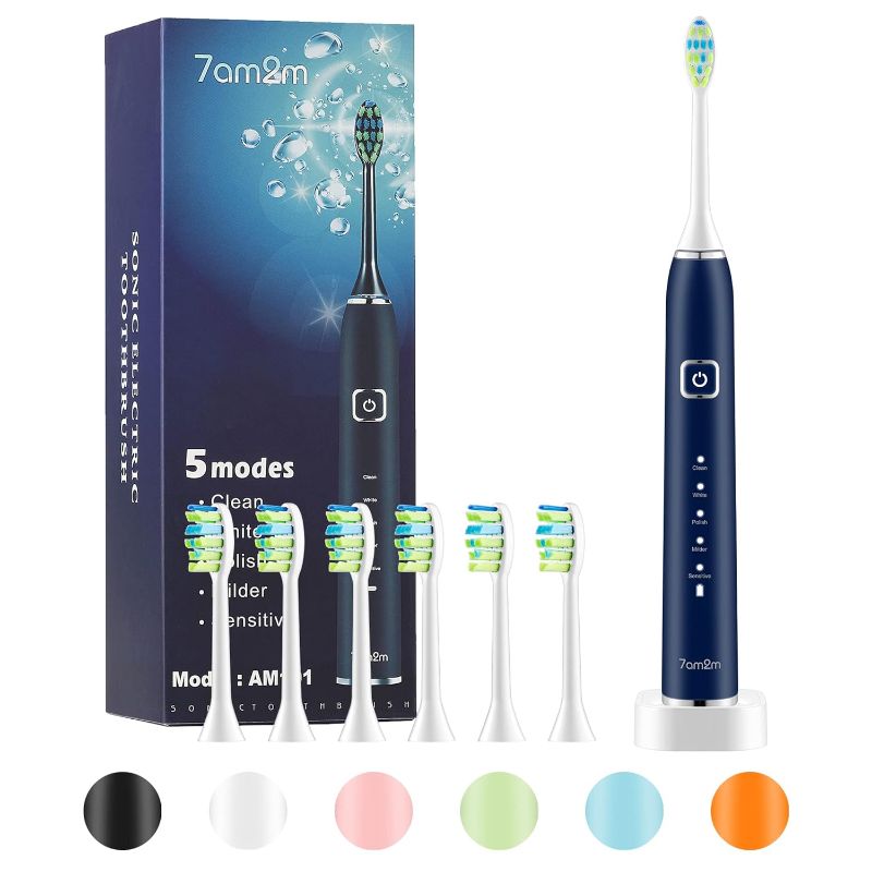 Photo 1 of 7AM2M Sonic Electric Toothbrush with 6 Brush Heads for Adults and Kids, One Charge for 90 Days, Wireless Fast Charge, 5 Modes with 2 Minutes Build in Smart Timer, Electric Toothbrushes(Navy Blue)
