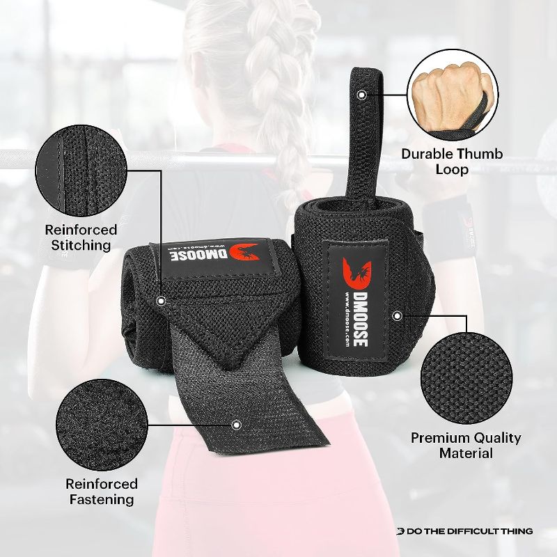 Photo 2 of DMoose Fitness Wrist Wraps (IPL Approved) Avoid Injury & Maximize Grip with Thumb Loop, 18" or 12" Gym Wrist Wraps Pair, Wrist Wraps for Weightlifting Men, Wrist Brace for Working Out & Wrist Support
