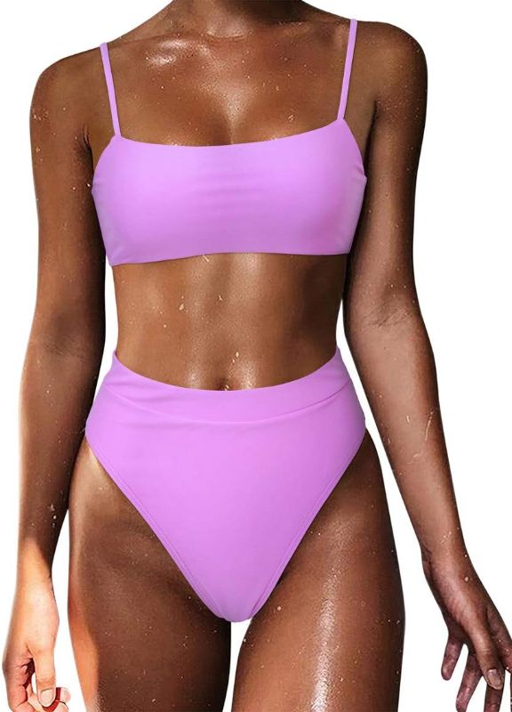 Photo 1 of MOSHENGQI Women High Wasited Bikini Shoulder Strap 2 Piece High Cut String Swimsuits
