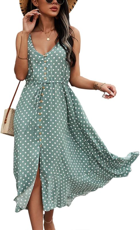 Photo 1 of BROVAVE Women's 2024 Summer Casual Boho Sundress Polka Dot Spaghetti Strap V Neck Flowy Midi Dresses
