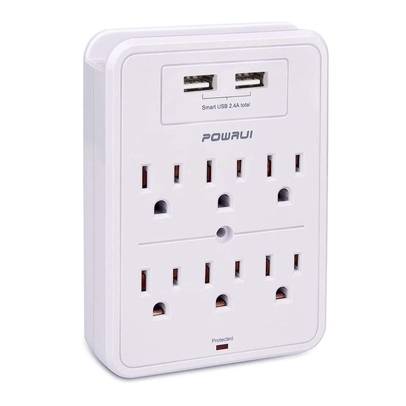 Photo 1 of POWRUI Surge Protector, USB Wall Charger with 2 USB Charging Ports(Smart 2.4A Total), 6-Outlet Extender and Top Phone Holder for Your Cell Phone, White, ETL Listed
