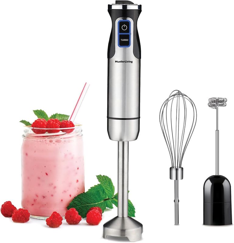 Photo 1 of MuellerLiving Hand Blender, Immersion Blender, Hand Mixer with Attachments: Stainless Steel Blade, Whisk, Milk Frother
