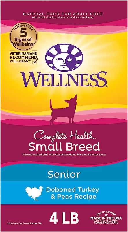 Photo 1 of Wellness Complete Health Small Breed Dry Dog Food with Grains, Natural Ingredients, Made in USA with Real Turkey, For Dogs Up to 25 lbs. (Senior, Turkey & Peas, 4-Pound Bag)
