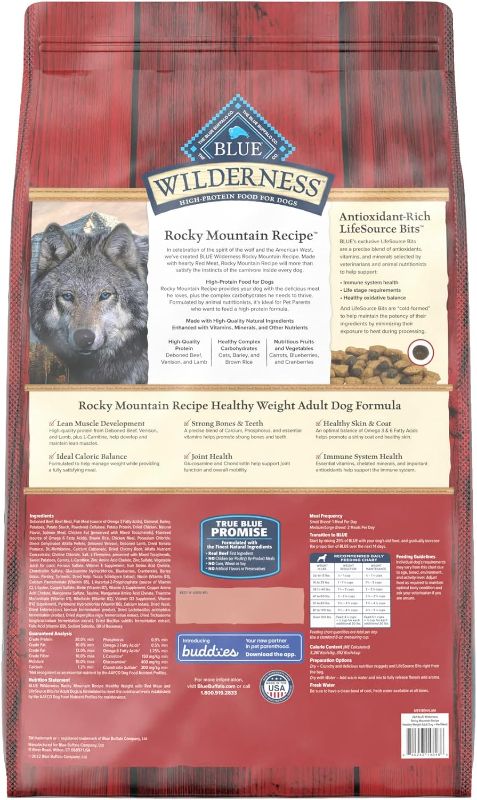 Photo 2 of Blue Buffalo Wilderness Rocky Mountain Recipe High Protein Healthy Weight Natural Adult Dry Dog Food, Red Meat with Grain 28 lb bag
