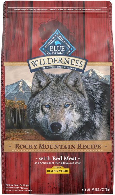 Photo 1 of Blue Buffalo Wilderness Rocky Mountain Recipe High Protein Healthy Weight Natural Adult Dry Dog Food, Red Meat with Grain 28 lb bag
