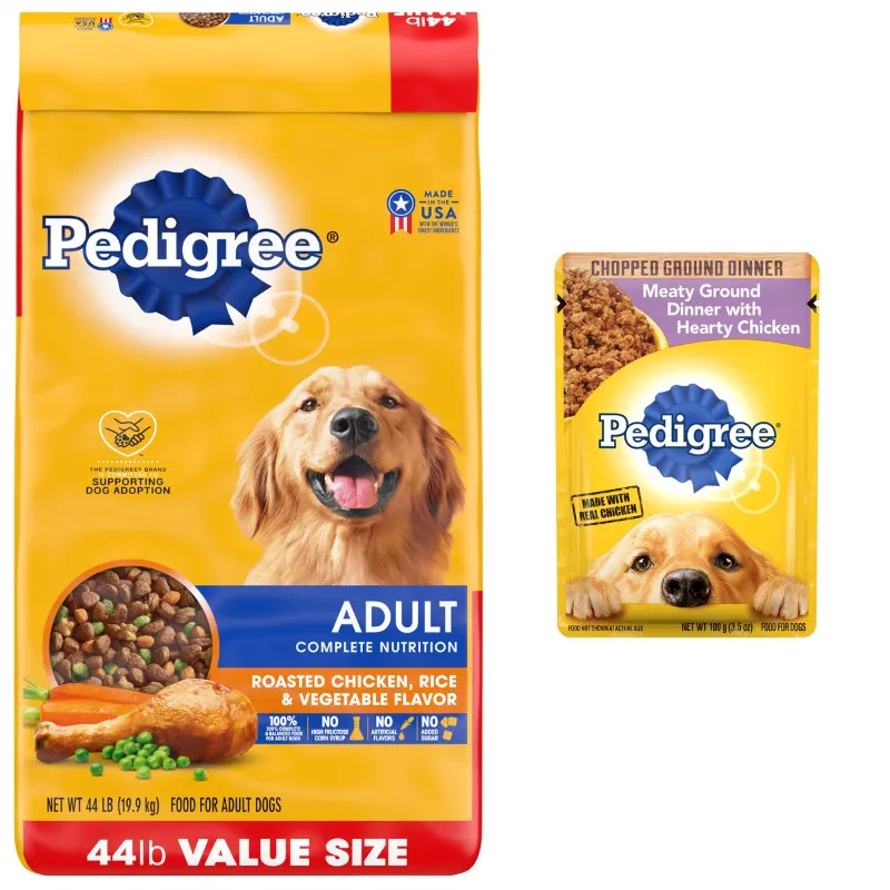 Photo 1 of Bundle: Pedigree Chopped Meaty Ground Dinner with Hearty Chicken Wet Food + Complete Nutrition Roasted Chicken, Rice & Vegetable Flavor Dry Dog Food

