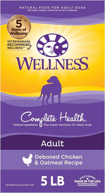 Photo 1 of Wellness Complete Health Dry Dog Food with Grains, Natural Ingredients, Made in USA with Real Meat, All Breeds, For Adult Dogs (Chicken & Oatmeal, 5-Pound Bag)
