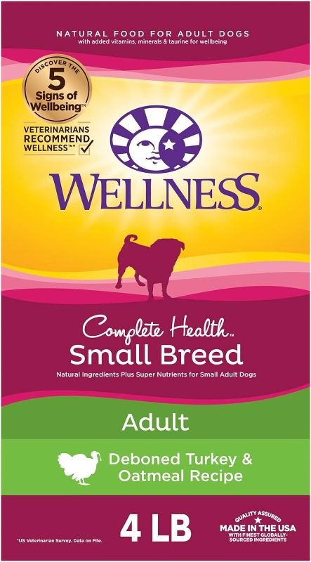 Photo 1 of Wellness Complete Health Small Breed Dry Dog Food with Grains, Natural Ingredients, Made in USA with Real Turkey, For Dogs Up to 25 lbs, (Adult, Turkey & Oatmeal, 4-Pound Bag)
