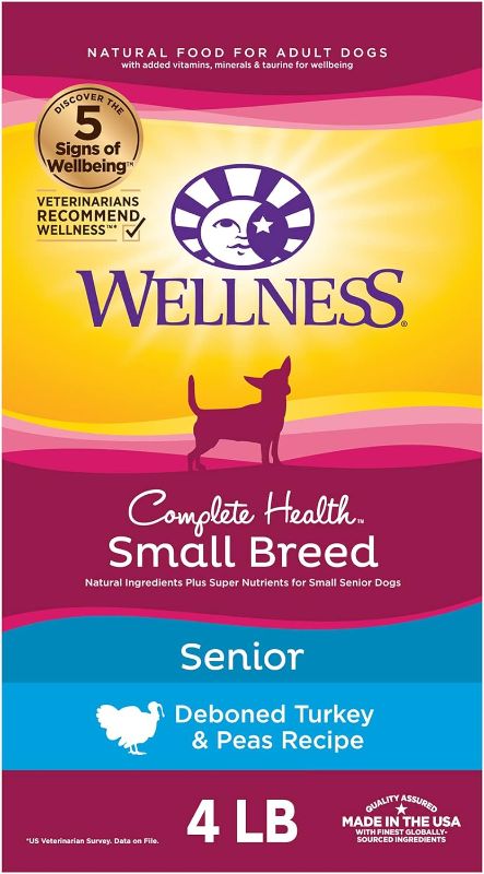 Photo 1 of Wellness Complete Health Small Breed Dry Dog Food with Grains, Natural Ingredients, Made in USA with Real Turkey, For Dogs Up to 25 lbs. (Senior, Turkey & Peas, 4-Pound Bag)
