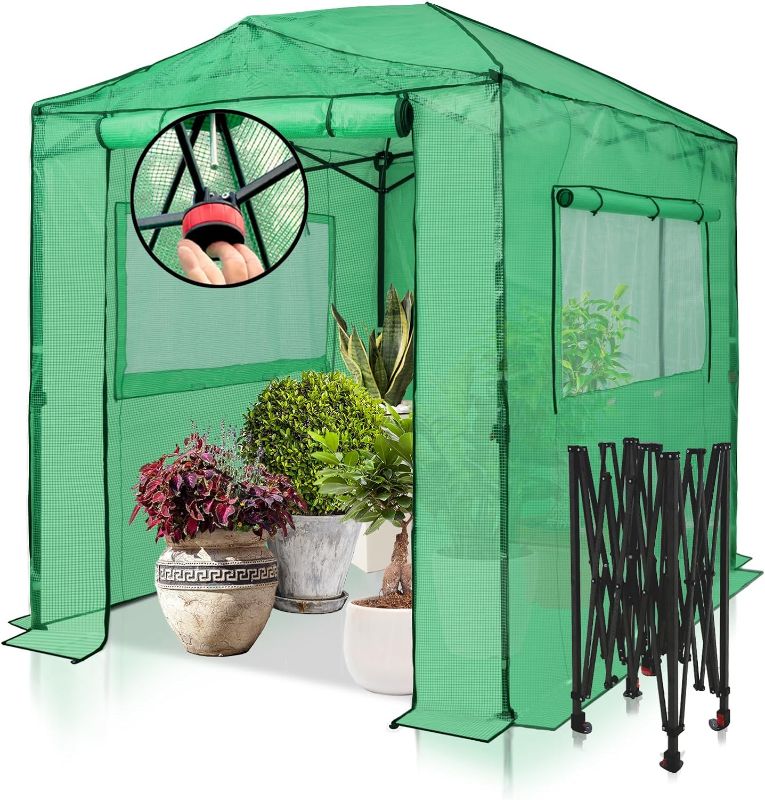 Photo 1 of EAGLE PEAK 8x6 Portable Walk-in Greenhouse Instant Pop-up Indoor Outdoor Plant Gardening Green House Canopy, Front and Rear Roll-Up Zipper Entry Doors and 2 Large Roll-Up Side Windows, Green
