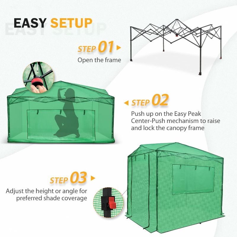 Photo 2 of EAGLE PEAK 8x6 Portable Walk-in Greenhouse Instant Pop-up Indoor Outdoor Plant Gardening Green House Canopy, Front and Rear Roll-Up Zipper Entry Doors and 2 Large Roll-Up Side Windows, Green

