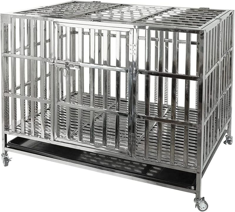 Photo 1 of Confote 42" Heavy Duty Stainless Steel Dog Cage Kennel Crate and Playpen for Training Large Dog Indoor Outdoor with Double Doors & Locks Design Included Lockable Wheels Removable Tray No Screw
