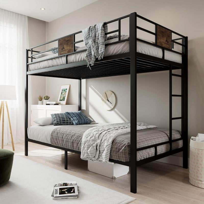 Photo 1 of MUTICOR Bunk Beds Metal Twin Size Bunk Beds Frame with Stairs & Full-Length Guardrail, Space-Saving, No Box Spring Needed, Firm, Stable, Easy to Climb, Black

