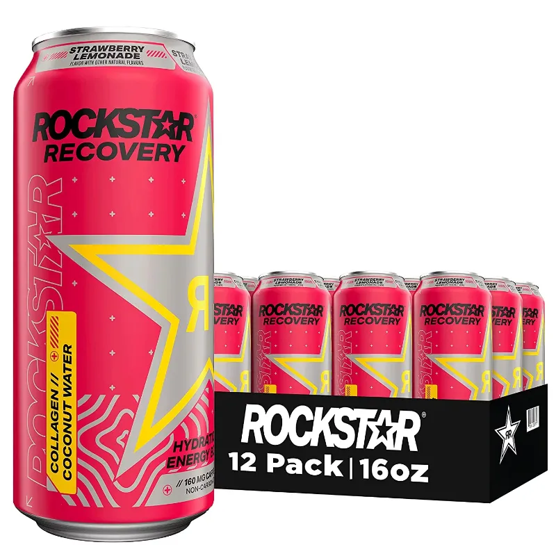 Photo 1 of Rockstar Energy Drink With Caffeine Taurine And Electrolytes, Recovery Strawberry Lemonade, 16Oz (12 Pack)
