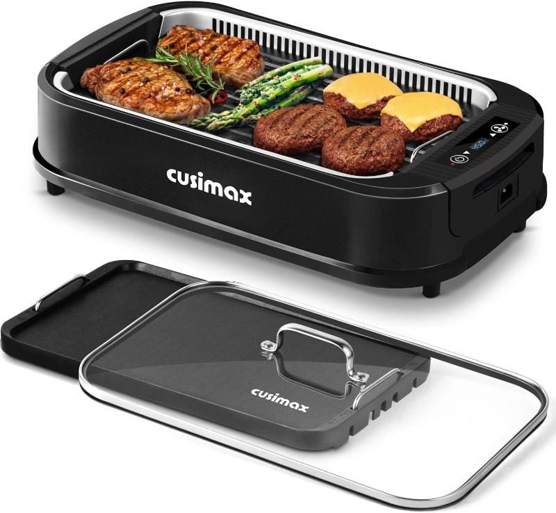 Photo 1 of Indoor Grill, CUSIMAX Smokeless Grill Indoor, 1500W Electric Grill Griddle Korean BBQ Grill with LED Smart Display & Tempered Glass Lid, Non-stick Removable Grill Plate & Griddle Plate, Black
