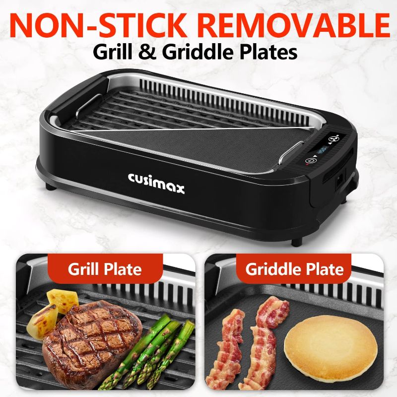 Photo 2 of Indoor Grill, CUSIMAX Smokeless Grill Indoor, 1500W Electric Grill Griddle Korean BBQ Grill with LED Smart Display & Tempered Glass Lid, Non-stick Removable Grill Plate & Griddle Plate, Black
