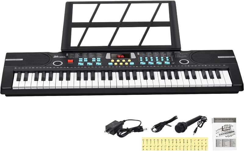 Photo 1 of 24HOCL 61 Keys Keyboard Piano, Kids Piano Keyboard with UL Adapter, Stand, Built-In Speaker, Mic, Portable Electronic Keyboard for Boys, Girls, Beginners Birthday Holidays Best Gifts
