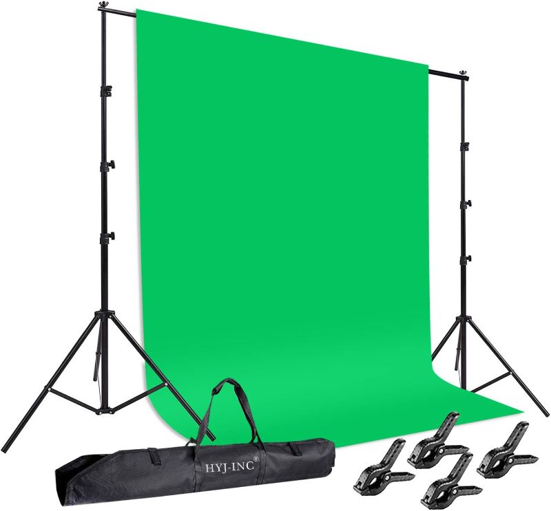 Photo 1 of HYJ-INC Photo Background Support System with 8.5 x 10ft Backdrop Stand Kit, 6 x 9.5ft 100% Pure Muslin Chromakey Green Screen Backdrop,Clamp, Carry Bag for Photography Video Studio
