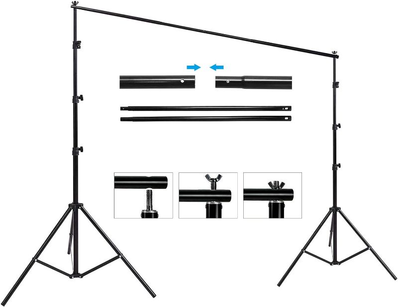 Photo 2 of HYJ-INC Photo Background Support System with 8.5 x 10ft Backdrop Stand Kit, 6 x 9.5ft 100% Pure Muslin Chromakey Green Screen Backdrop,Clamp, Carry Bag for Photography Video Studio
