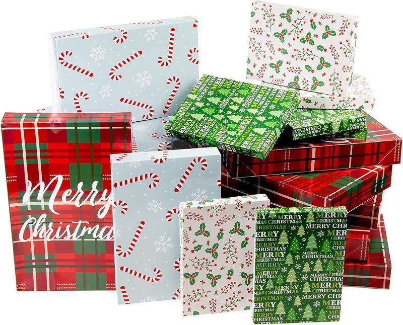 Photo 1 of Juvale 24 Pack Christmas Boxes for Gifts with Lids for Presents, Empty Holiday Gift Wrap in 4 Designs (3 Sizes)
