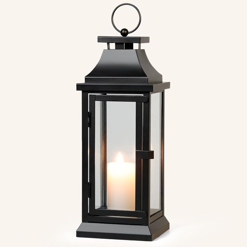 Photo 1 of Black Decorative Hurricane Lantern with Glass Panels, Perfect for Home Decor, Parties, Events, Table Top, Hanging Lantern for Indoor Small 15“ High
