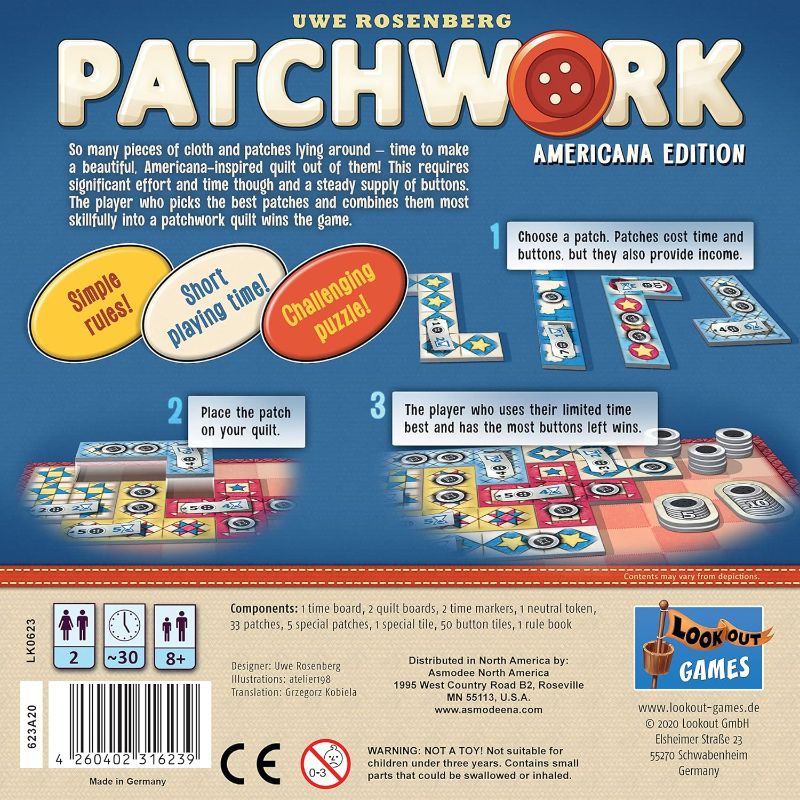 Photo 2 of Patchwork Americana Edition Board Game - A Two-Player Quilting Strategy Game by Uwe Rosenberg! Interactive Puzzle Game for Kids & Adults, Ages 8+, 2 Players, 30 Minute Playtime, Made by Lookout Games
