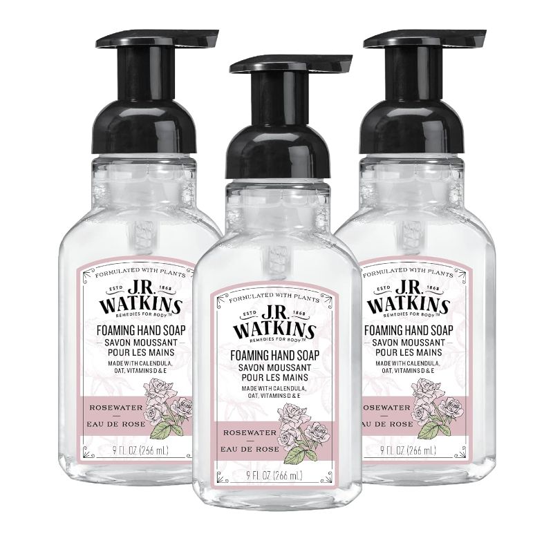 Photo 1 of J.R. Watkins Foaming Hand Soap with Pump Dispenser, Moisturizing Foam Hand Wash, All Natural, Alcohol-Free, Cruelty-Free, USA Made, Rosewater, 9 fl oz, 3 Pack
