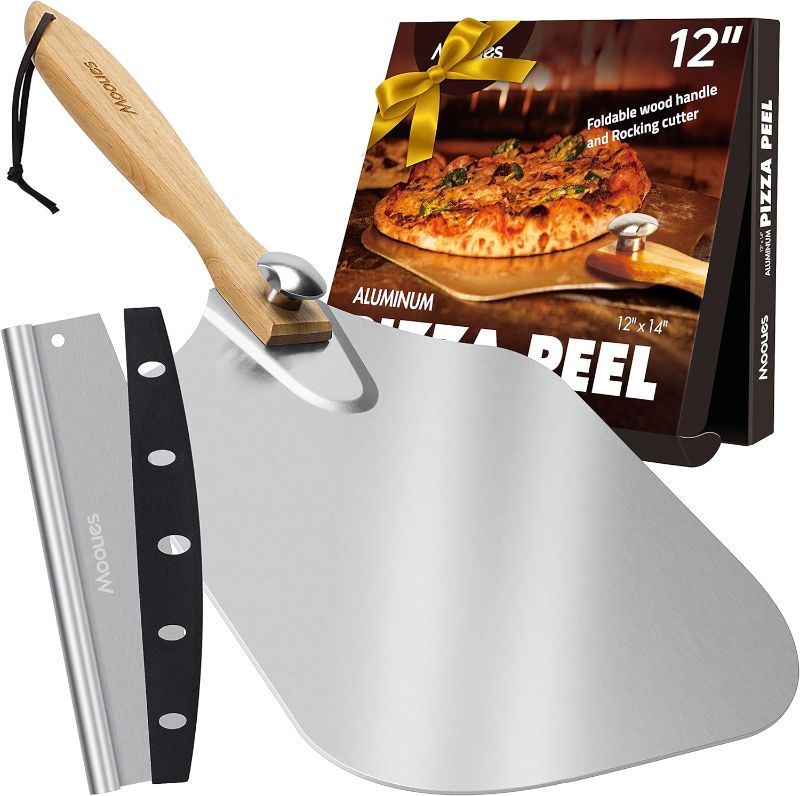 Photo 1 of Pizza Peel Aluminum Pizza Spatula, Mooues 12 inch Metal Pizza Paddle(12"x 14")with Rocker Cutter Foldable Wood Handle, [Storage bag included], for Family Pizza Oven Baking Pizza, Dough, Bread & Pastry
