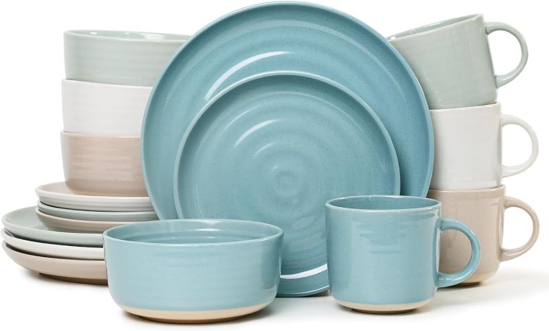 Photo 1 of Ollieroo 16 Pieces Stoneware Dinnerware Sets Dishwasher & Microwave Safe, Handpainted Spirals Pattern Ceramic Dish Set Includes Plates, Bowls and Handled Mugs, Kitchen Dinner Set for 4, Multicolor
