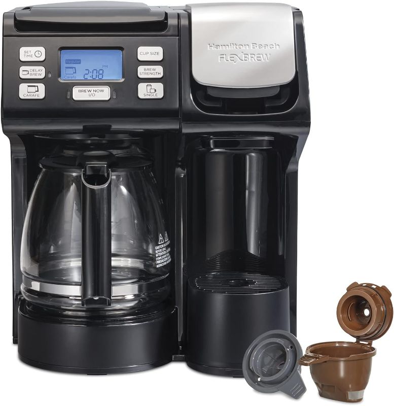 Photo 1 of Hamilton Beach 49902 FlexBrew Trio 2-Way Coffee Maker, Compatible with K-Cup Pods or Grounds, Combo, Single Serve & Full 12c Pot, Black - Fast Brewing
