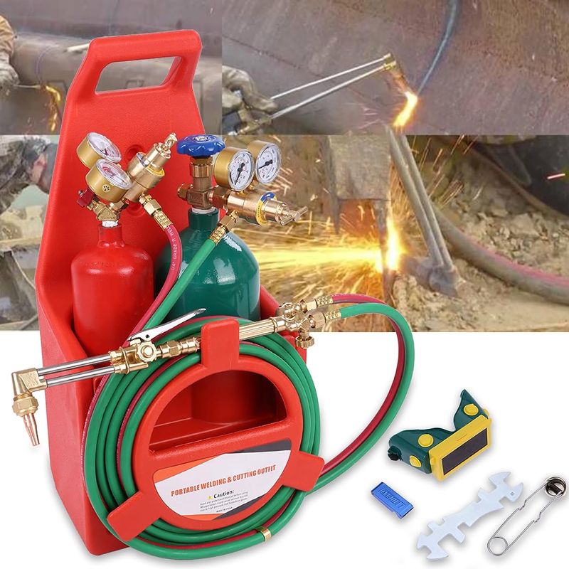 Photo 1 of Oxyacetylene Torch Kit, Welding Brazing Cutting Torch Kit with Oxygen Acetylene Tanks, Long Pipe Brass Nozzle Welding Torch Kit Welding Cutting Torch Kit Red
