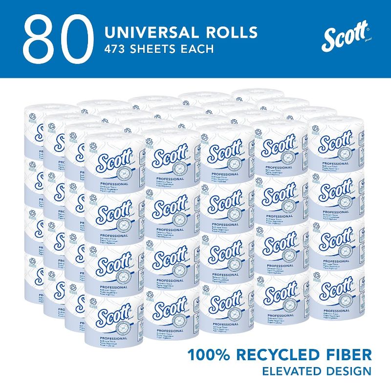 Photo 1 of Scott® Professional 100% Recycled Fiber Standard Roll Toilet Paper (13217), with Elevated Design, 2-Ply, White, Individually wrapped rolls, 473 Count (Pack of 80), Total 37,840 Sheets
