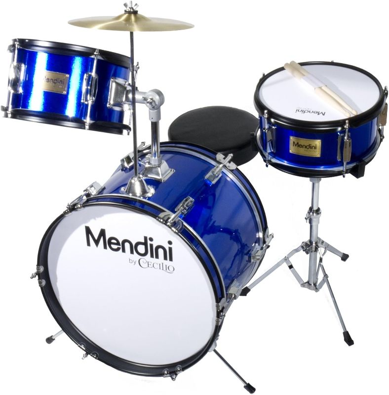 Photo 1 of Mendini By Cecilio Drum Set – 3-Piece Kids Drum Set (16"), Includes Bass Drum, Tom, Snare, Drum Throne - Musical Instruments for Age 6-12, Metallic Blue Drum Kit
