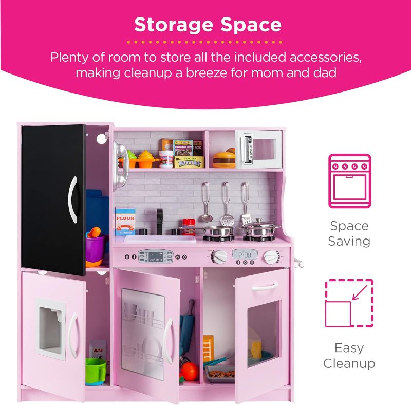 Photo 2 of Best Choice Products Pretend Play Kitchen Wooden Toy Set for Kids w/Realistic Design, Telephone, Utensils, Oven, Microwave, Sink - Pink
