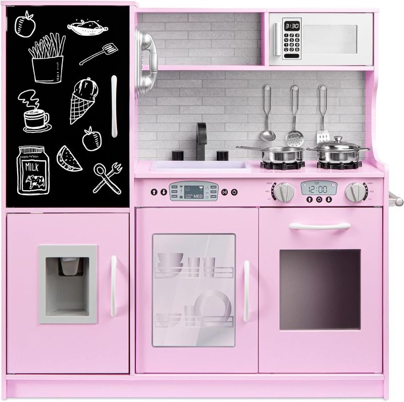 Photo 1 of Best Choice Products Pretend Play Kitchen Wooden Toy Set for Kids w/Realistic Design, Telephone, Utensils, Oven, Microwave, Sink - Pink
