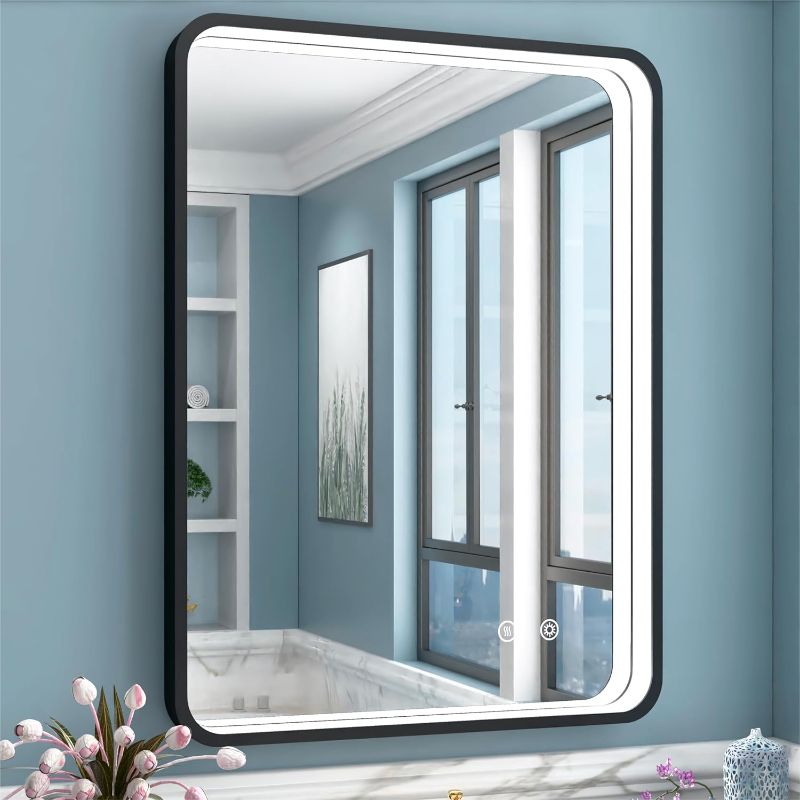 Photo 1 of JSneijder 28x36 Inch LED Bathroom Mirror with Lights,Black Metal Frame Lighted Bathroom Vanity Mirror,Anti Fog Dimmable Touch Switch,Wall Mounted LED Makeup Mirror for House Decoration
