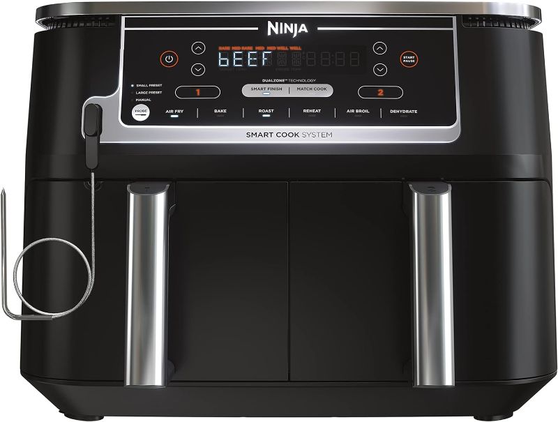 Photo 1 of Ninja DZ550 Foodi 10 Quart 6-in-1 DualZone Smart XL Air Fryer with 2 Independent Baskets, Smart Cook Thermometer for Perfect Doneness, Match Cook & Smart Finish to Roast, Dehydrate & More, Grey (Renewed)
