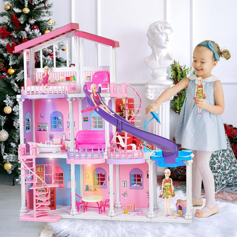 Photo 1 of BETTINA 47'' Plastic Large Dollhouse 2024, 3-Story Doll House with 15+ Furnitures & Accessories, ABS Plastic Assembled Playhouse Doll House Toys Gifts for 3 to 12 Year Olds Girls Kids, Durable
