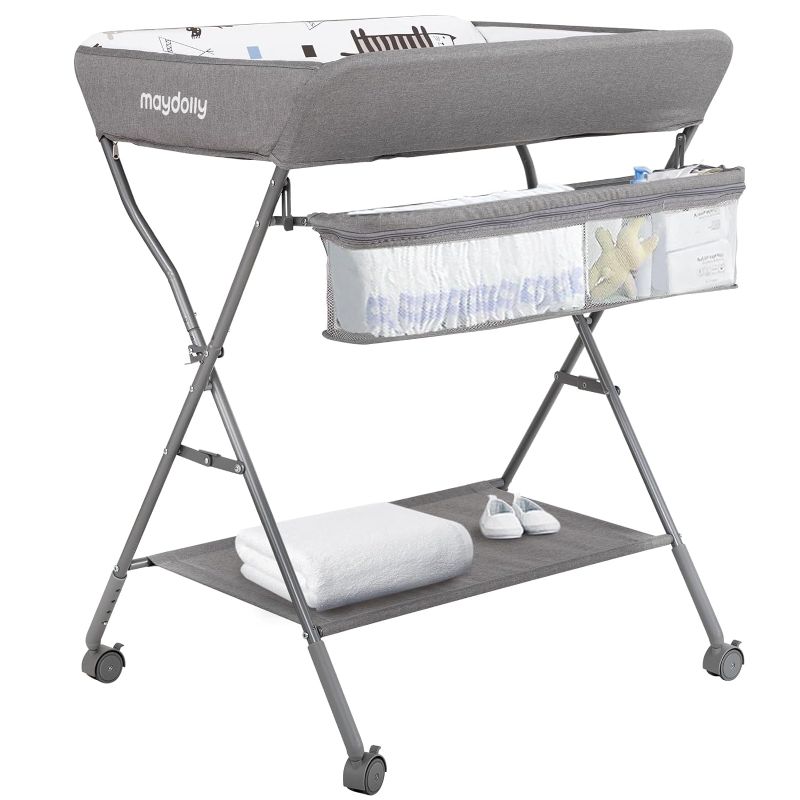 Photo 1 of Baby Changing Table with Wheels, Maydolly Portable Adjustable Height Folding Diaper Station with Nursery Organizer & Storage Rack for Newborn Baby and Infant (Light Grey)
