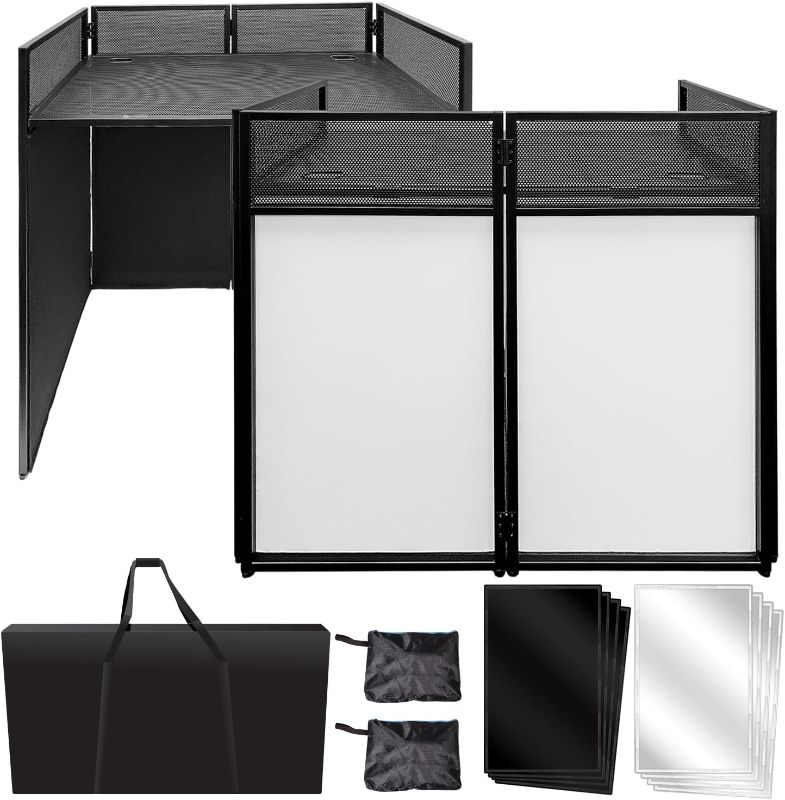 Photo 1 of AxcessAbles Portable DJ Facade Booth with Black and White Lighting Scrims, Carry Cases | Standing DJ Table - 40" x 20" | DJ Controller Stand | Recording Mixer Stand| DJ Booth (ES-01)
