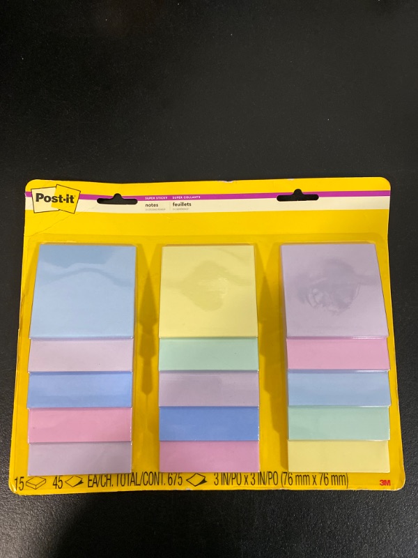Photo 2 of Post-it Super Sticky Notes, 3x3 in, Assorted Pastel Colors, 15 Pads, 2X The Sticking Power, Recyclable (654-15SSPS)