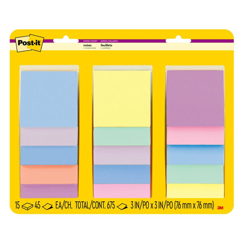 Photo 1 of Post-it Super Sticky Notes, 3x3 in, Assorted Pastel Colors, 15 Pads, 2X The Sticking Power, Recyclable (654-15SSPS)