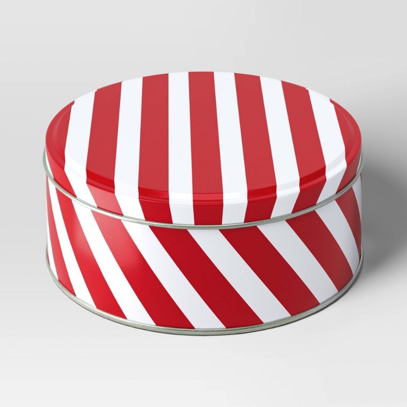 Photo 1 of 4 Tin Boxes 8.25"x8.25" Christmas Round Tin Striped Gift Box Red - Wondershop™