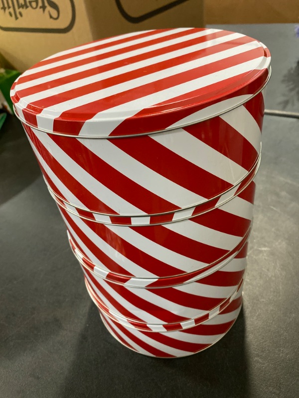 Photo 2 of 4 Tin Boxes 8.25"x8.25" Christmas Round Tin Striped Gift Box Red - Wondershop™